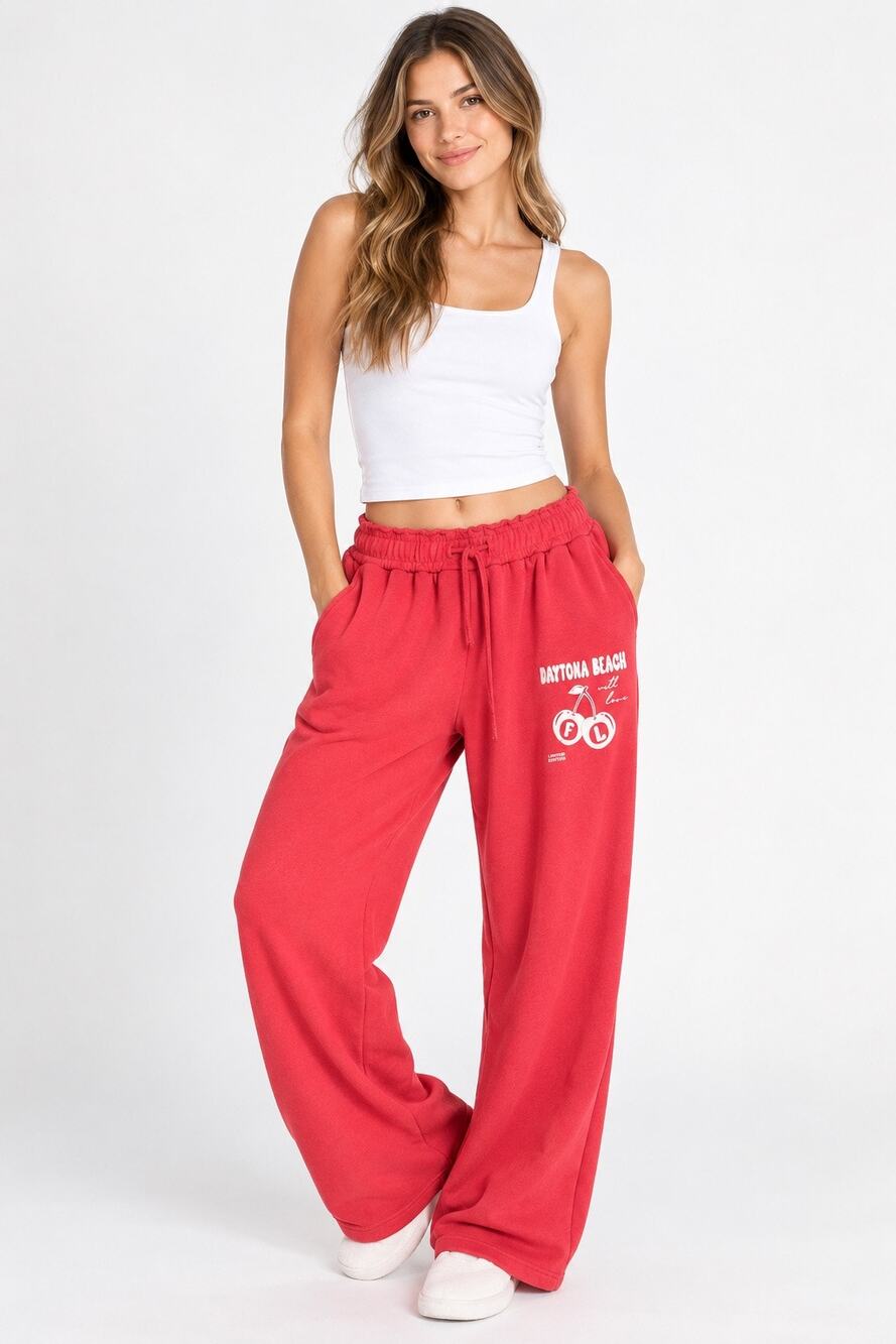 Ocean Drive Daytona Beach Cherry Wide Leg Sweatpants Medium Red Pink Graphic